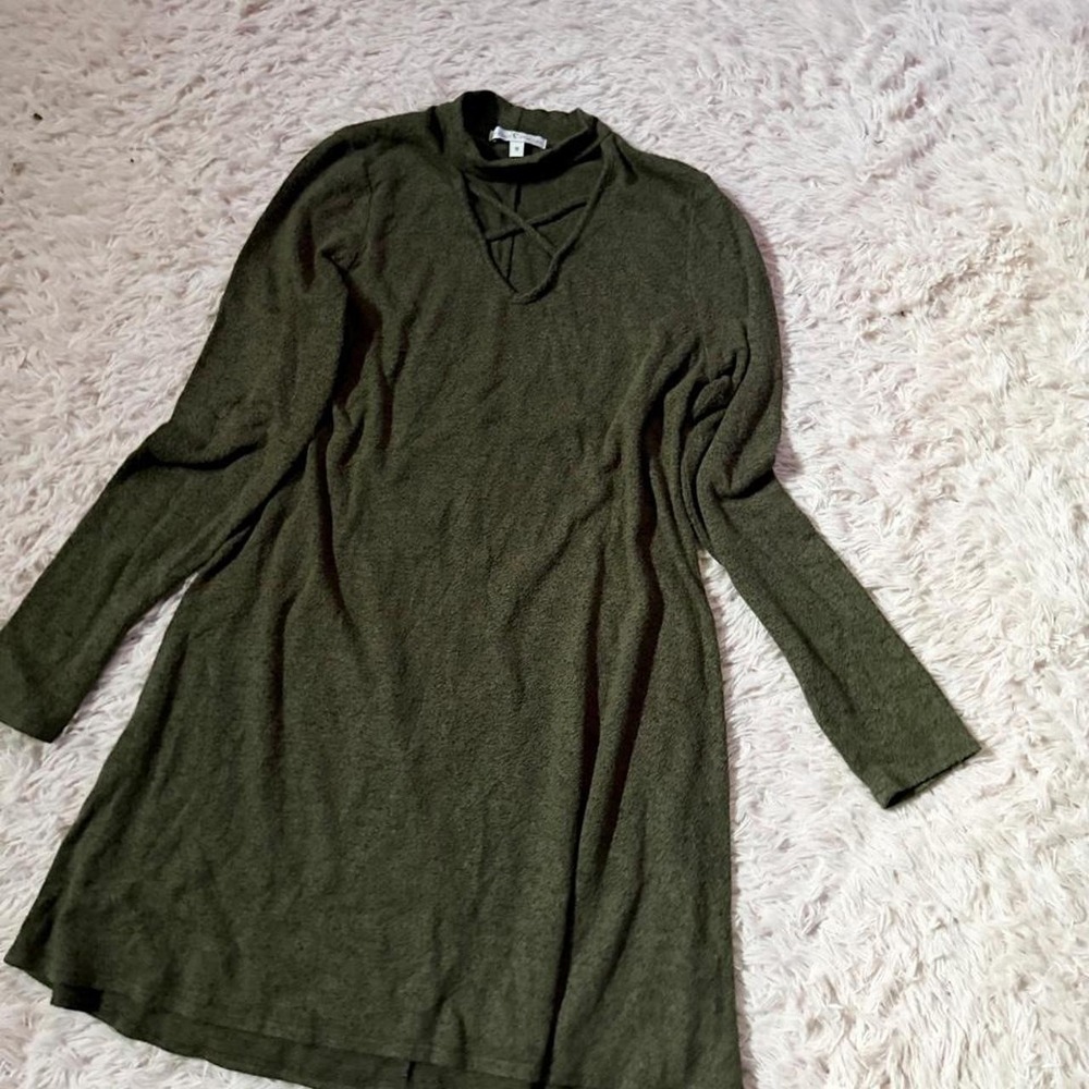 Slinky Soft High Neck Cutout Strappy Moss Green Cozy Sweater Dress Womens M